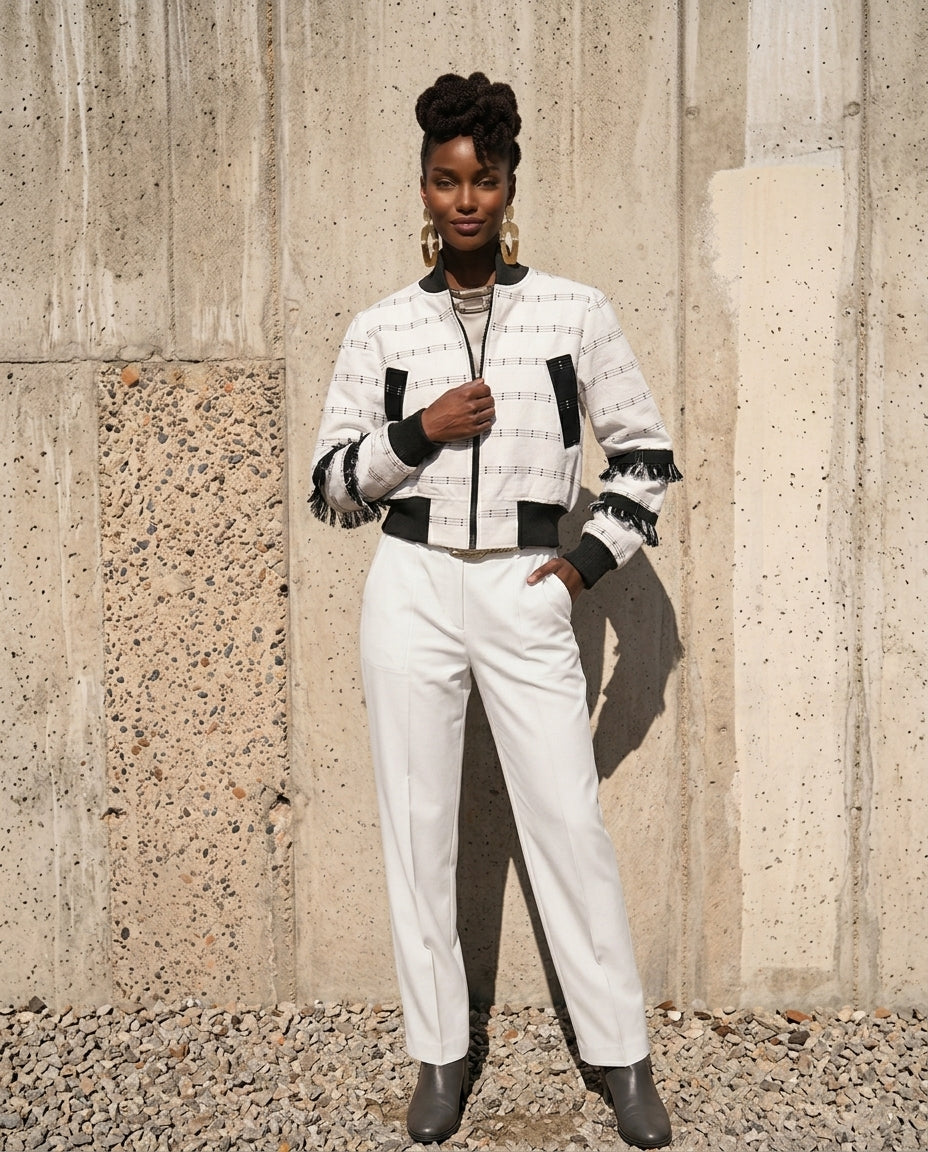 Speranza, bomber in tweed unisex intessuto a mano nero con frange