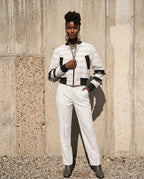 Speranza, bomber in tweed unisex intessuto a mano nero con frange