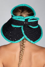 Bow, Women's Handmade Black & Turquoise Crochet Raffia Sun Hat with Oversized Back Bow