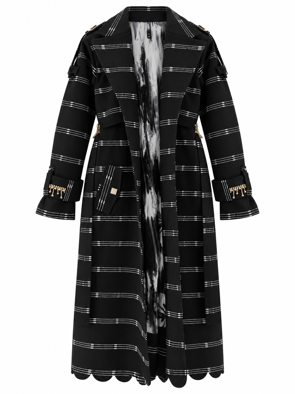 Vera Trench, Handcrafted Black Shimmer Kente Long Coat with Rhinestones & Batik Lining