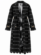 Vera Trench, Handcrafted Black Shimmer Kente Long Coat with Rhinestones & Batik Lining