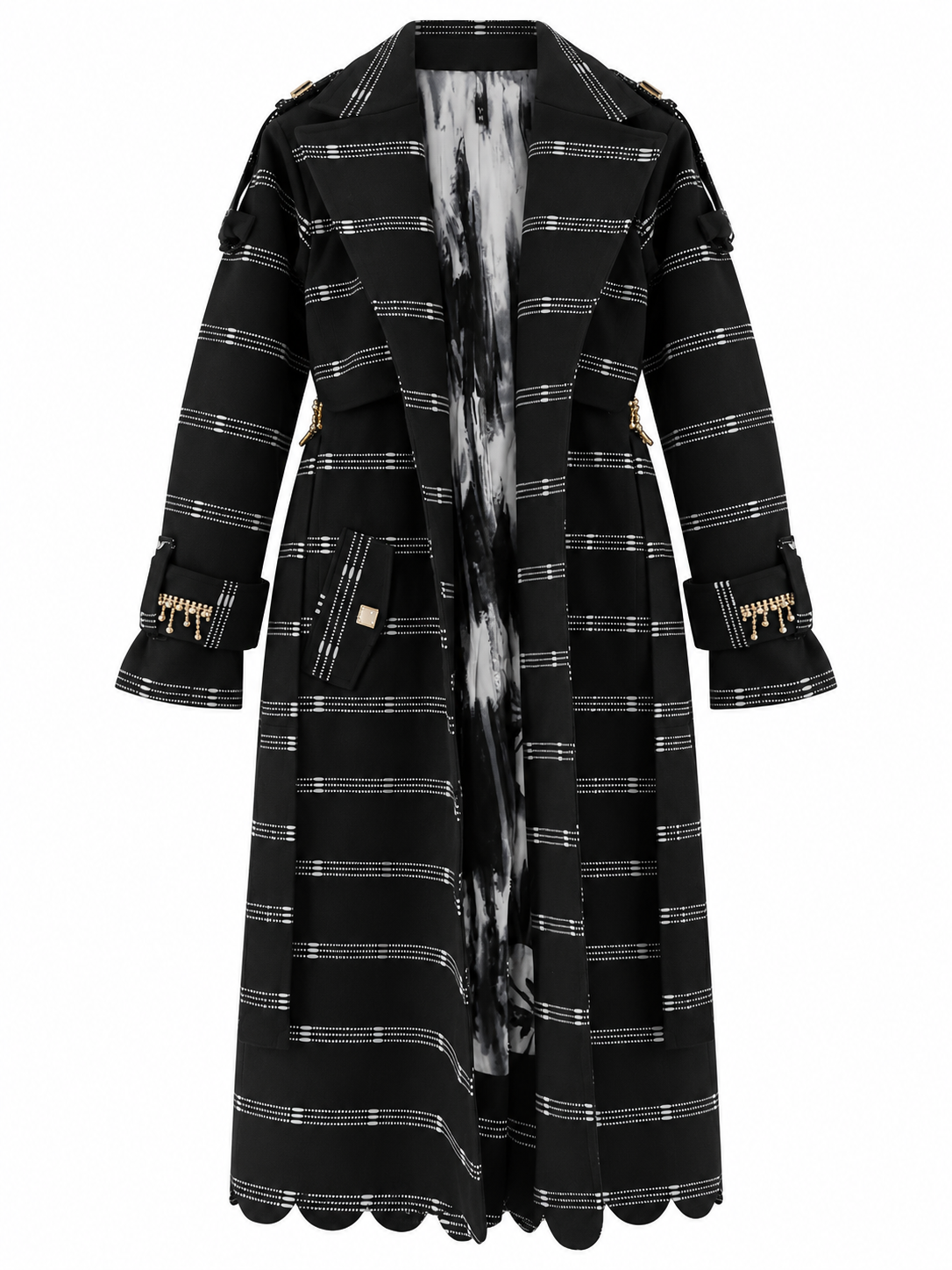 Vera Trench, Handcrafted Black Shimmer Kente Long Coat with Rhinestones & Batik Lining