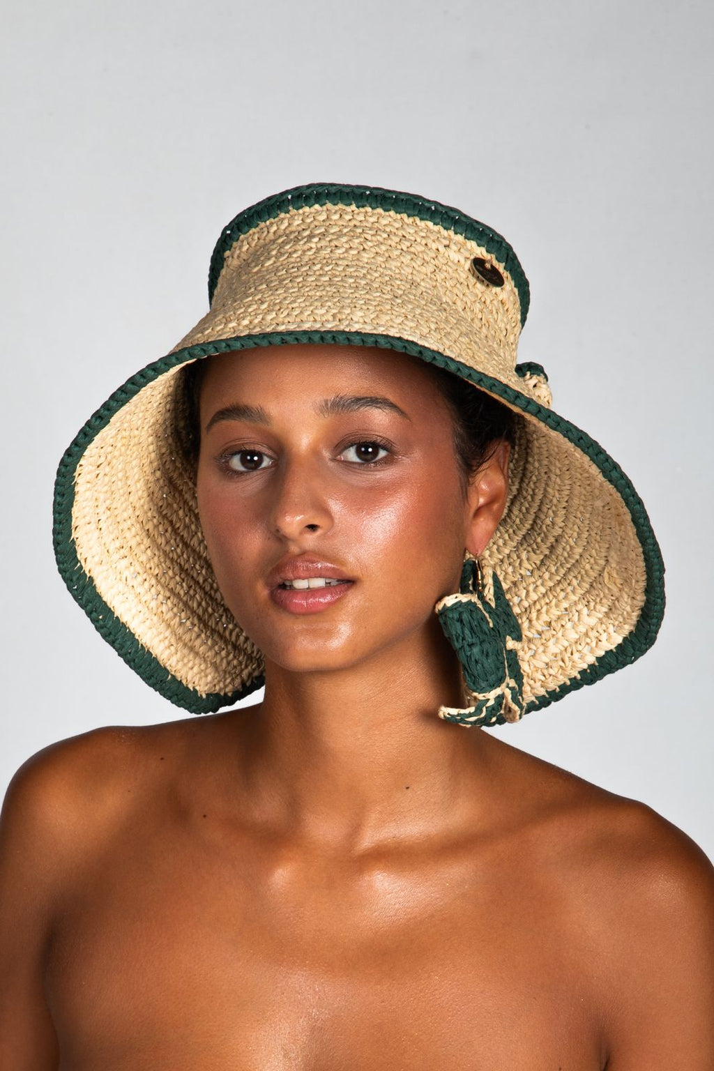 Bow, Women's Handmade Cream & Green Crochet Raffia Sun Hat with Oversized Back Bow