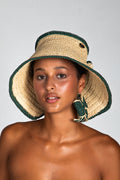 Bow, Women's Handmade Cream & Green Crochet Raffia Sun Hat with Oversized Back Bow