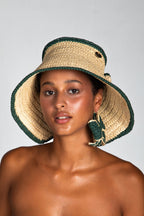 Bow, Women's Handmade Cream & Green Crochet Raffia Sun Hat with Oversized Back Bow