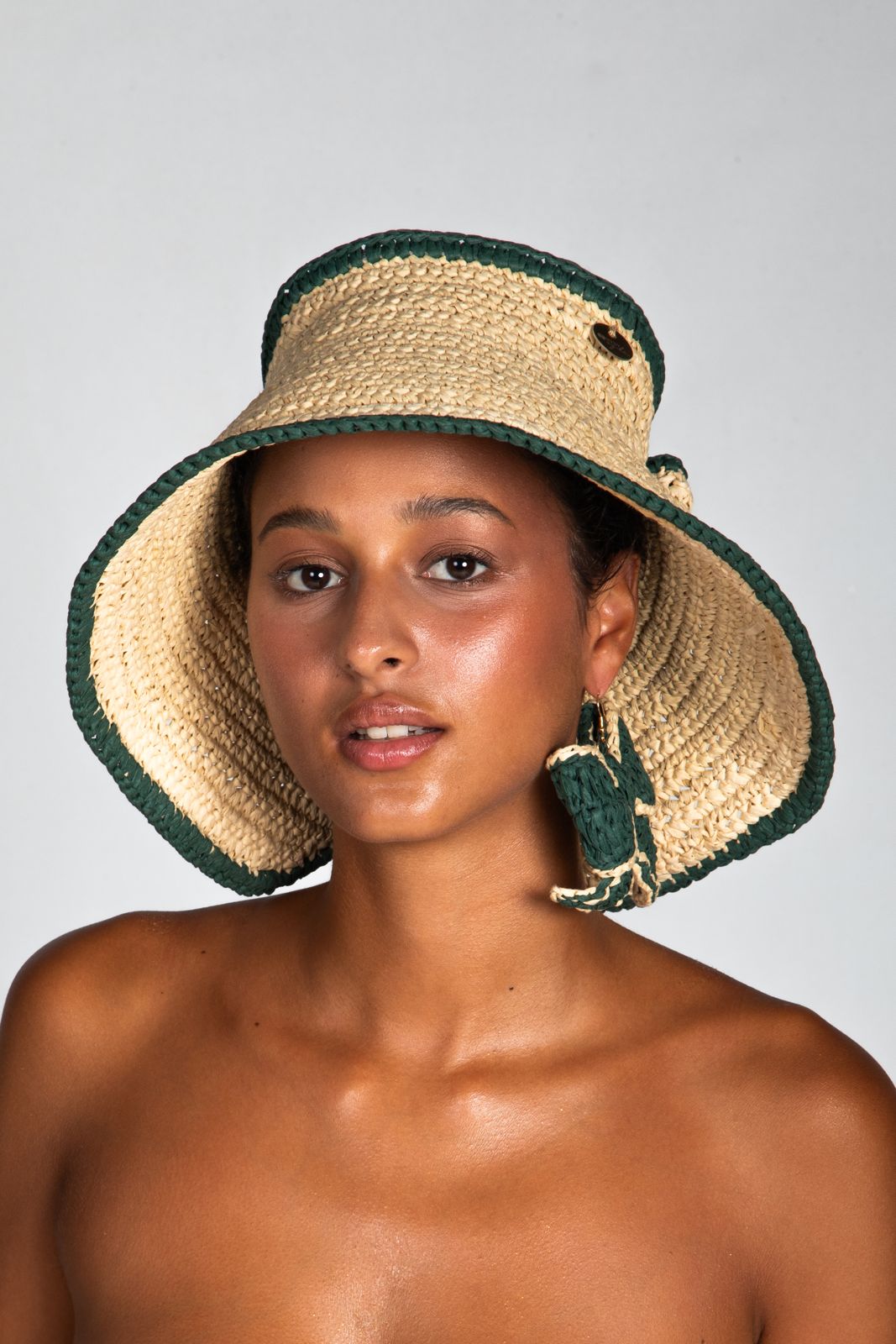 Bow, Women's Handmade Cream & Green Crochet Raffia Sun Hat with Oversized Back Bow