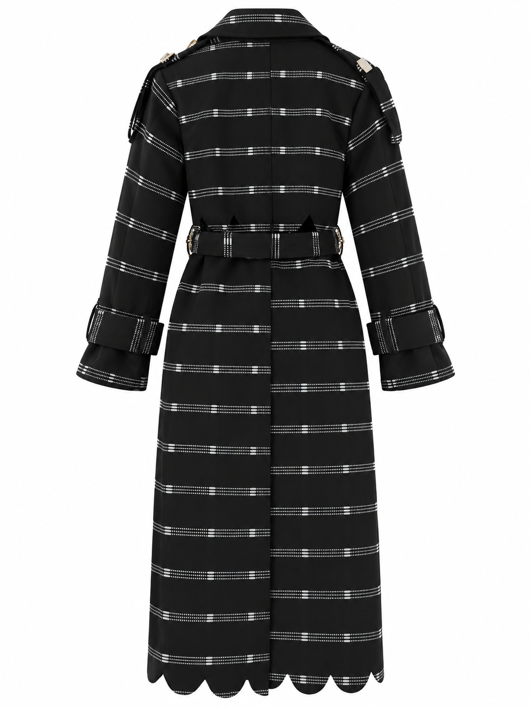 Vera Trench, Handcrafted Black Shimmer Kente Long Coat with Rhinestones & Batik Lining