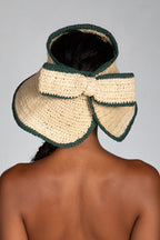 Bow, Women's Handmade Cream & Green Crochet Raffia Sun Hat with Oversized Back Bow