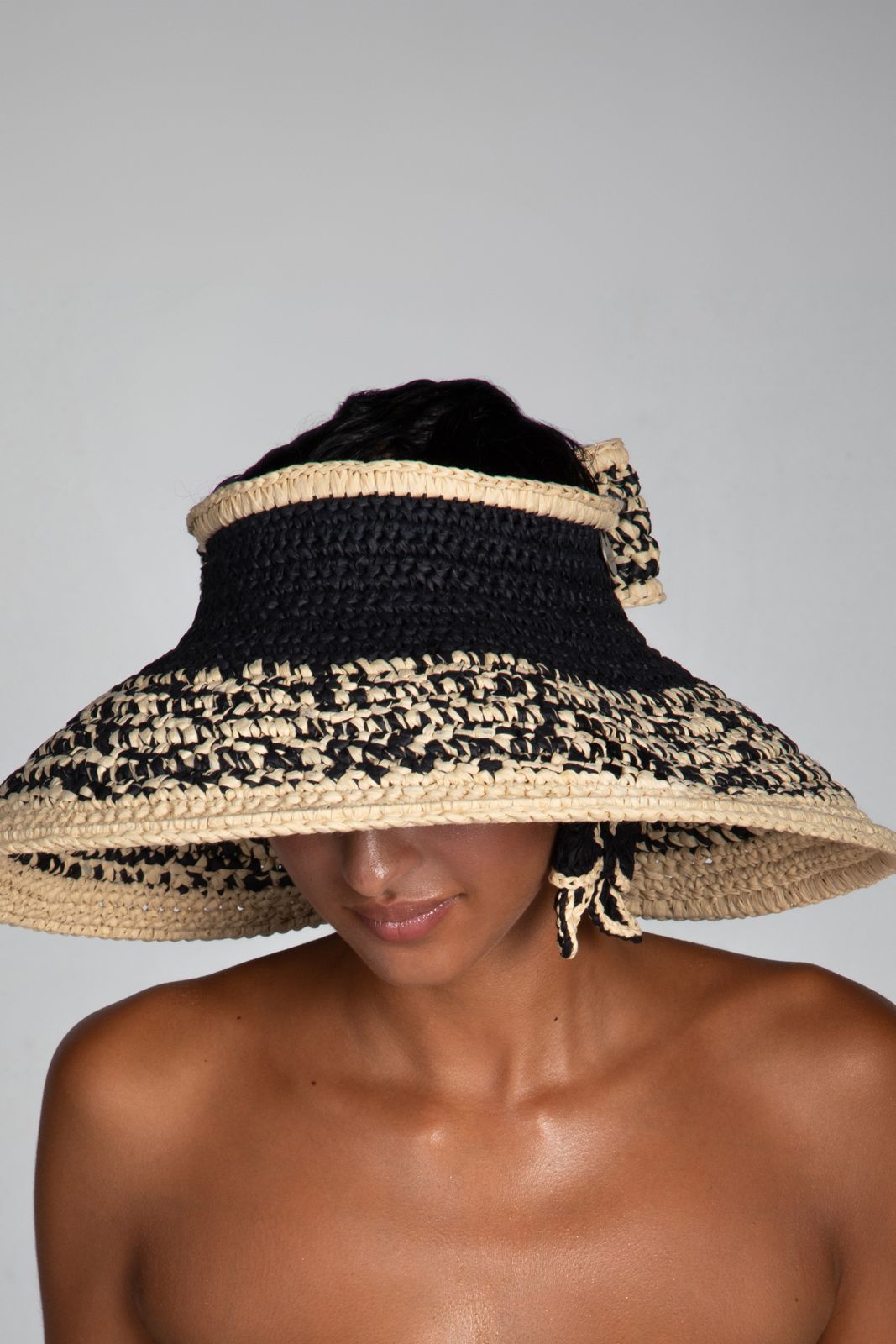Bow II, Women's Handmade Black & Cream Crochet Raffia Wide-Brim Sun Hat with Oversized Back Bow