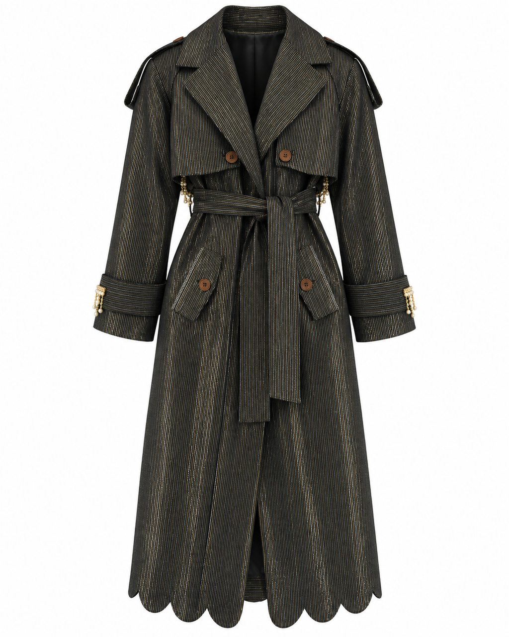 Vera Trench, Handcrafted Kente & Rhinestone Long Coat with Batik Lining – Black