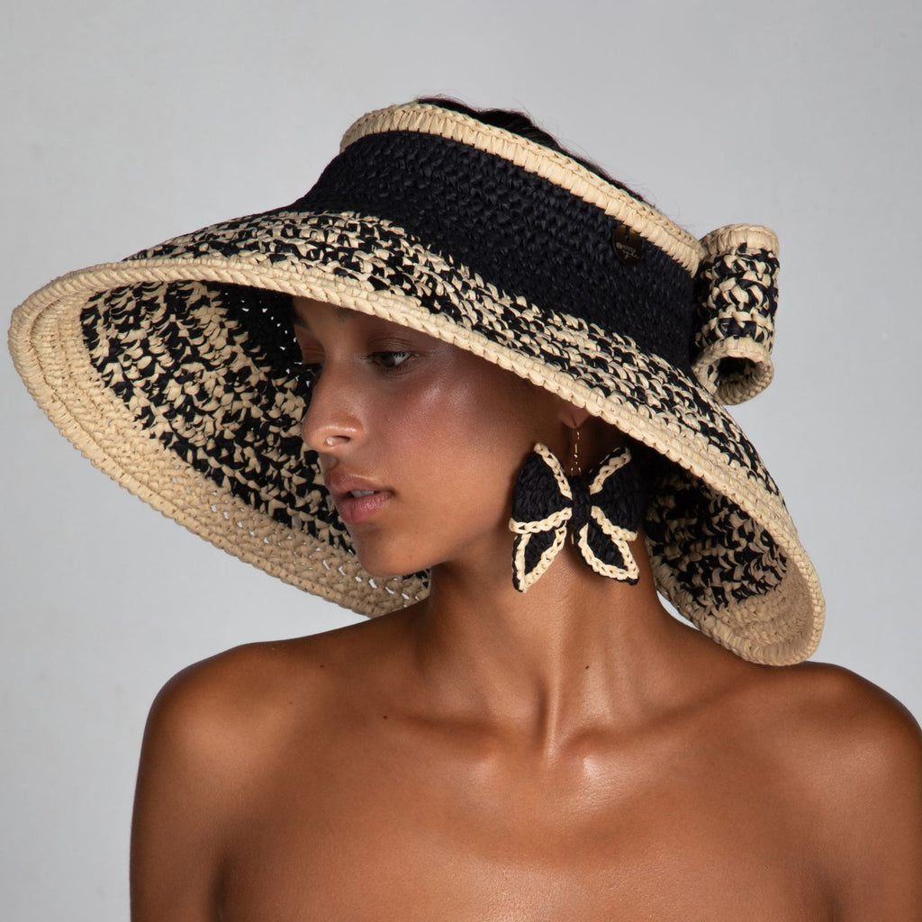 Bow II, Women's Handmade Black & Cream Crochet Raffia Wide-Brim Sun Hat with Oversized Back Bow