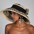 Bow II, Women's Handmade Black & Cream Crochet Raffia Wide-Brim Sun Hat with Oversized Back Bow