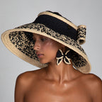 Bow II, Women's Handmade Black & Cream Crochet Raffia Wide-Brim Sun Hat with Oversized Back Bow