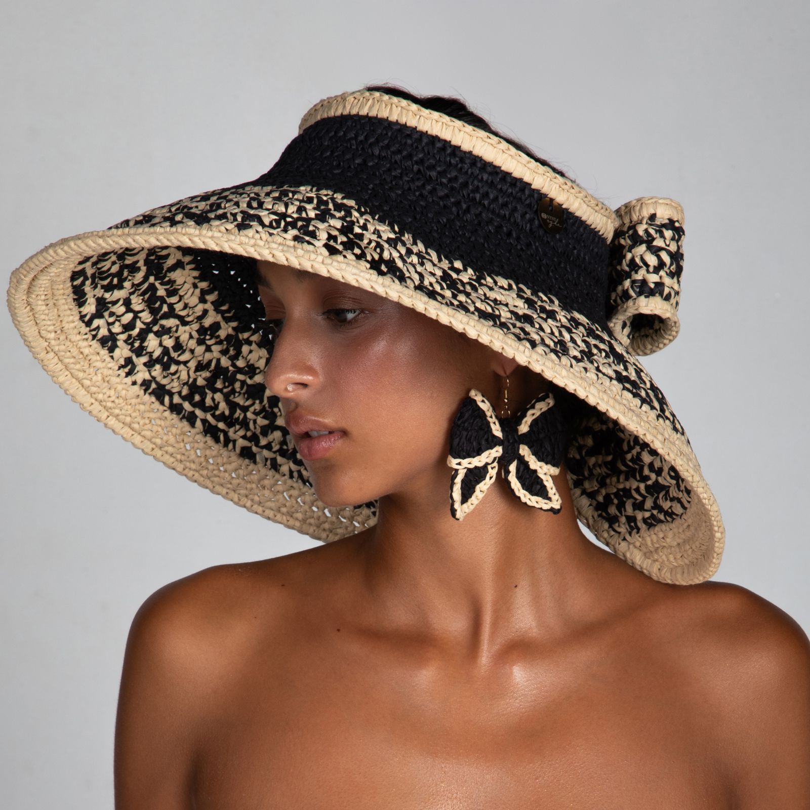 Bow II, Women's Handmade Black & Cream Crochet Raffia Wide-Brim Sun Hat with Oversized Back Bow