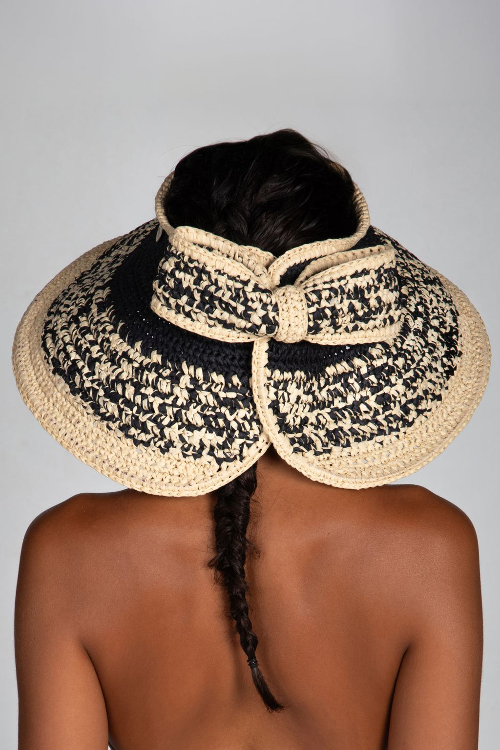 Bow II, Women's Handmade Black & Cream Crochet Raffia Wide-Brim Sun Hat with Oversized Back Bow