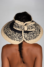Bow II, Women's Handmade Black & Cream Crochet Raffia Wide-Brim Sun Hat with Oversized Back Bow