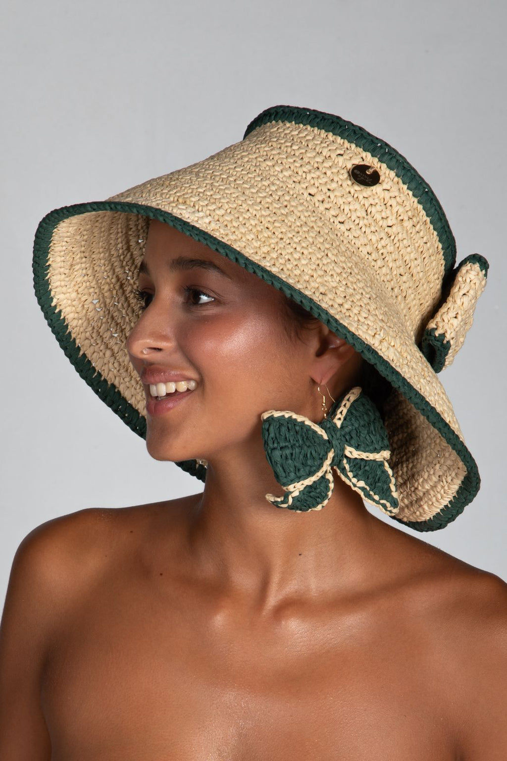 Bow, Women's Handmade Cream & Green Crochet Raffia Sun Hat with Oversized Back Bow