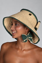 Bow, Women's Handmade Cream & Green Crochet Raffia Sun Hat with Oversized Back Bow