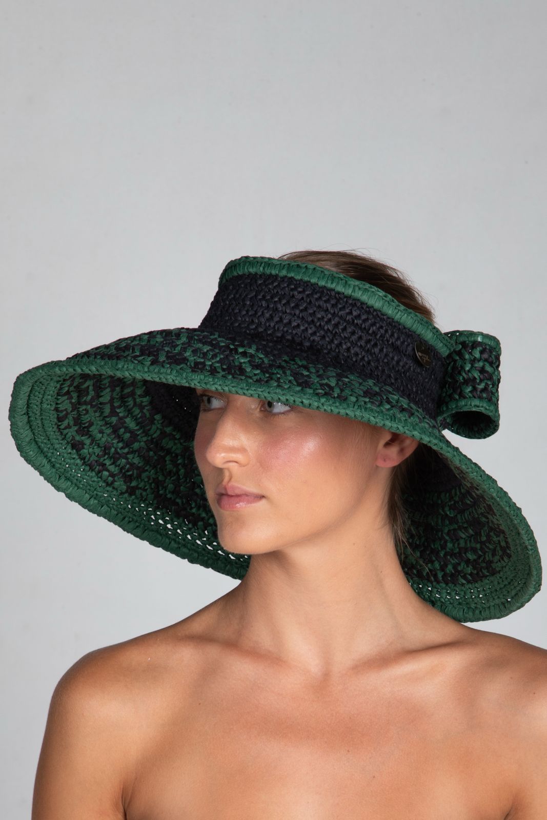Bow II, Women's Handmade Black & Green Crochet Raffia Wide-Brim Sun Hat with Oversized Back Bow