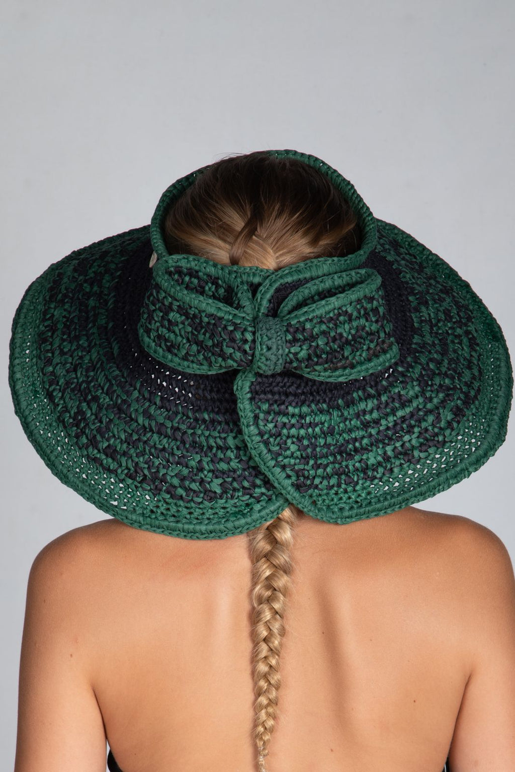 Bow II, Women's Handmade Black & Green Crochet Raffia Wide-Brim Sun Hat with Oversized Back Bow