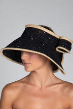 Bow, Women's Handmade Cream & Black Crochet Raffia Sun Hat with Oversized Back Bow