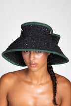 Bow, Women's Handmade Black & Green Crochet Raffia Sun Hat with Oversized Back Bow