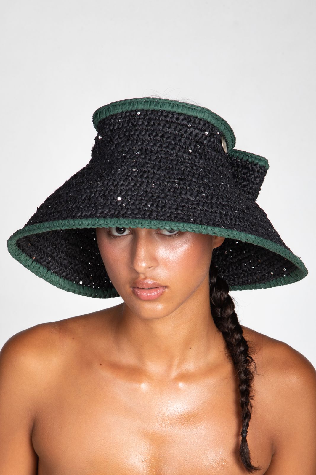 Bow, Women's Handmade Black & Green Crochet Raffia Sun Hat with Oversized Back Bow