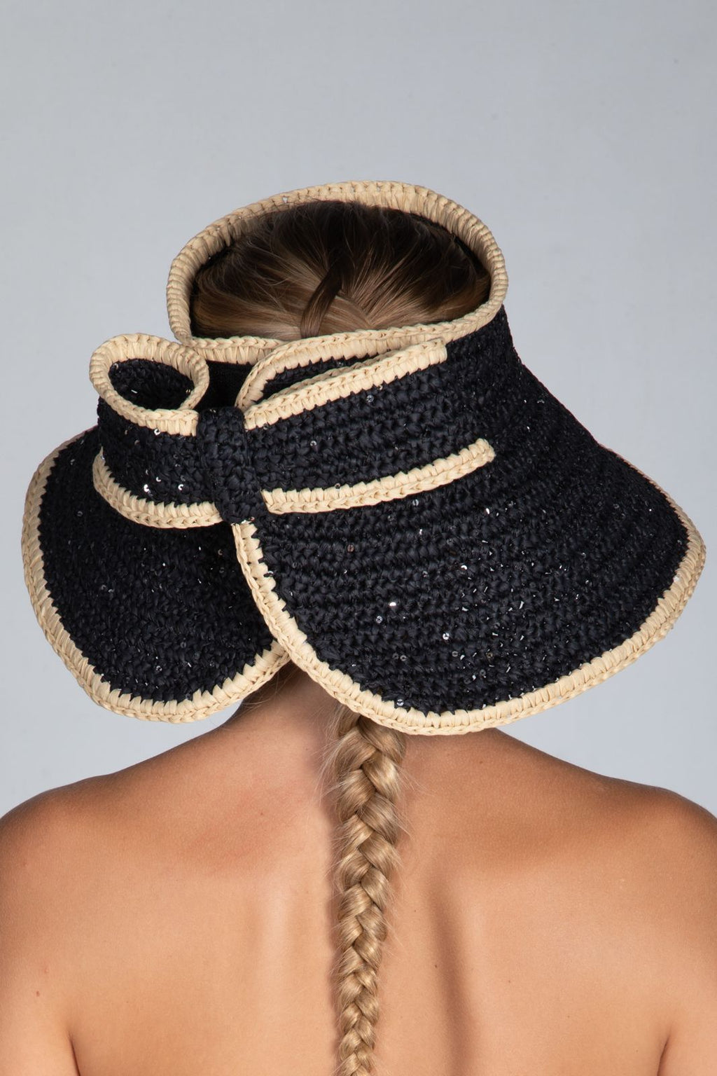 Bow, Women's Handmade Cream & Black Crochet Raffia Sun Hat with Oversized Back Bow