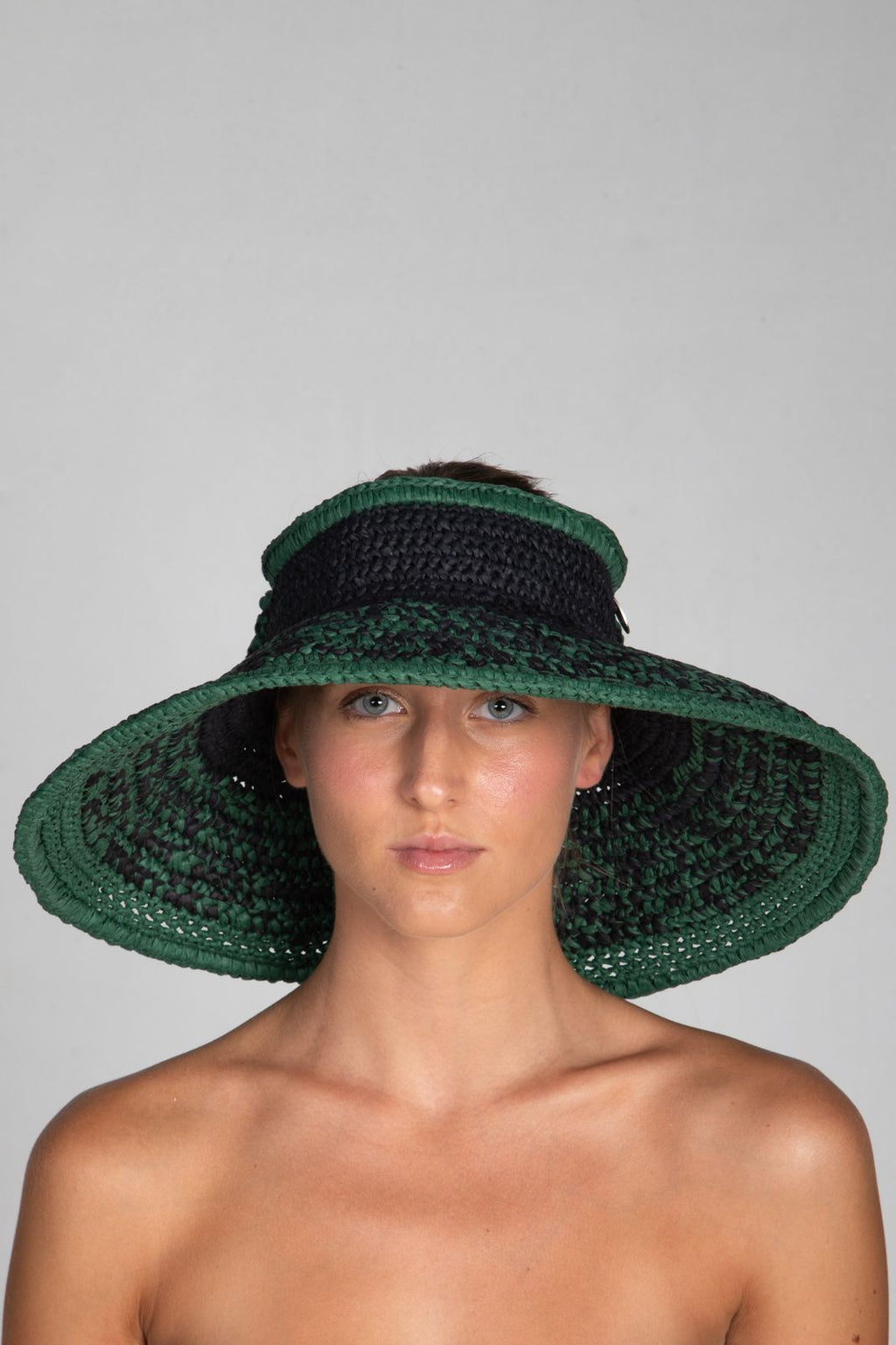 Bow II, Women's Handmade Black & Green Crochet Raffia Wide-Brim Sun Hat with Oversized Back Bow
