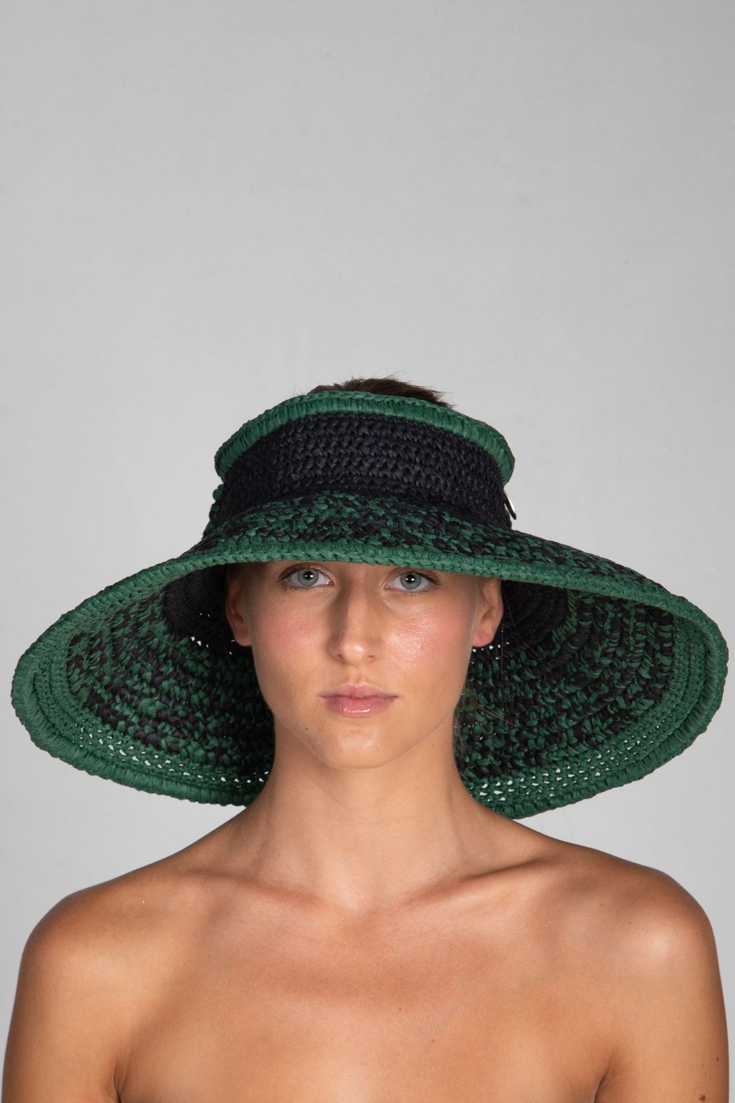 Bow II, Women's Handmade Black & Green Crochet Raffia Wide-Brim Sun Hat with Oversized Back Bow