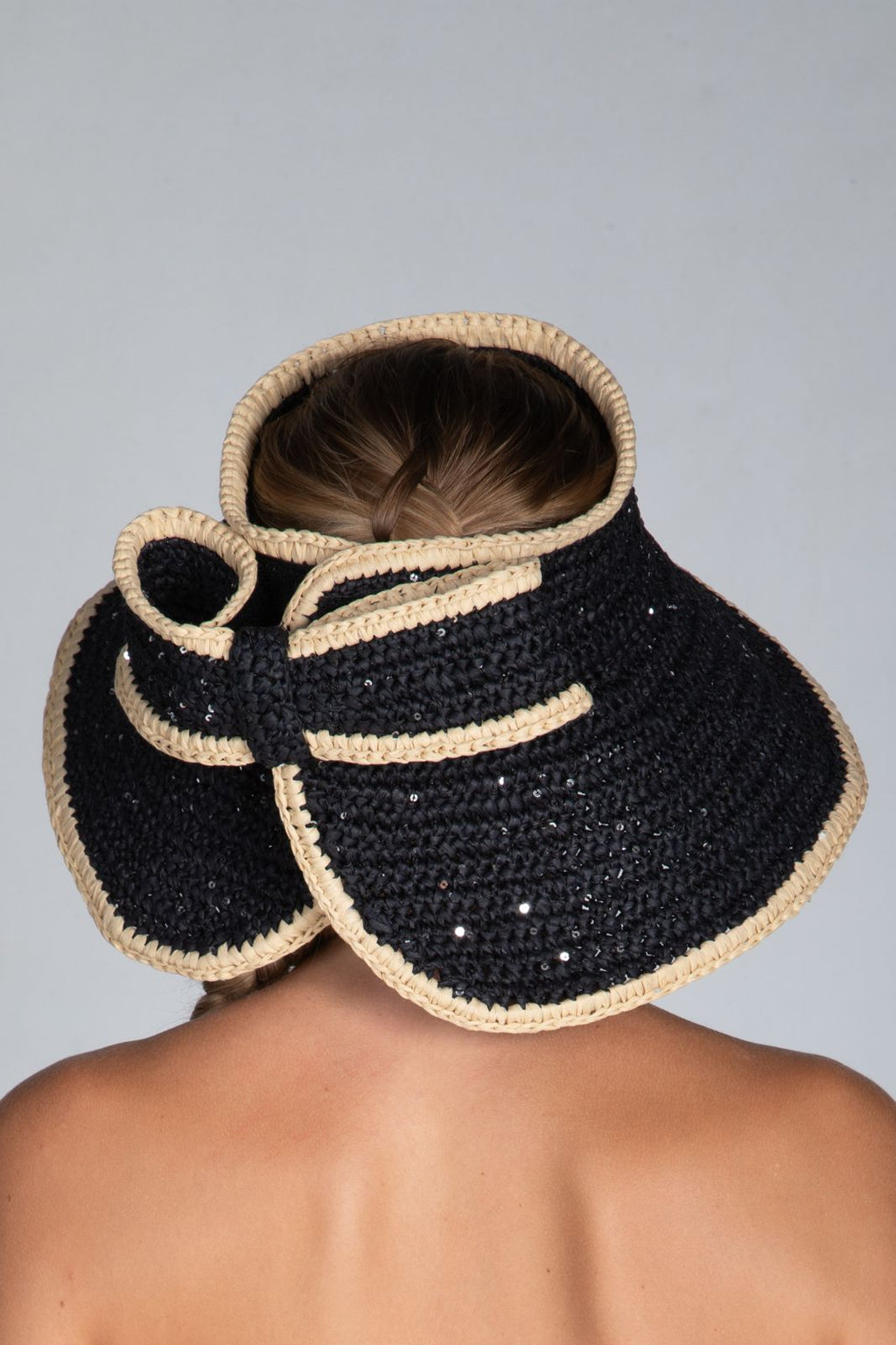 Bow, Women's Handmade Cream & Black Crochet Raffia Sun Hat with Oversized Back Bow