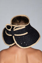 Bow, Women's Handmade Cream & Black Crochet Raffia Sun Hat with Oversized Back Bow