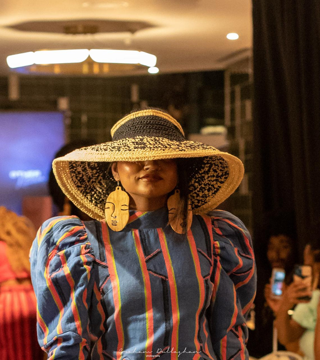 Bow II, Women's Handmade Black & Cream Crochet Raffia Wide-Brim Sun Hat with Oversized Back Bow