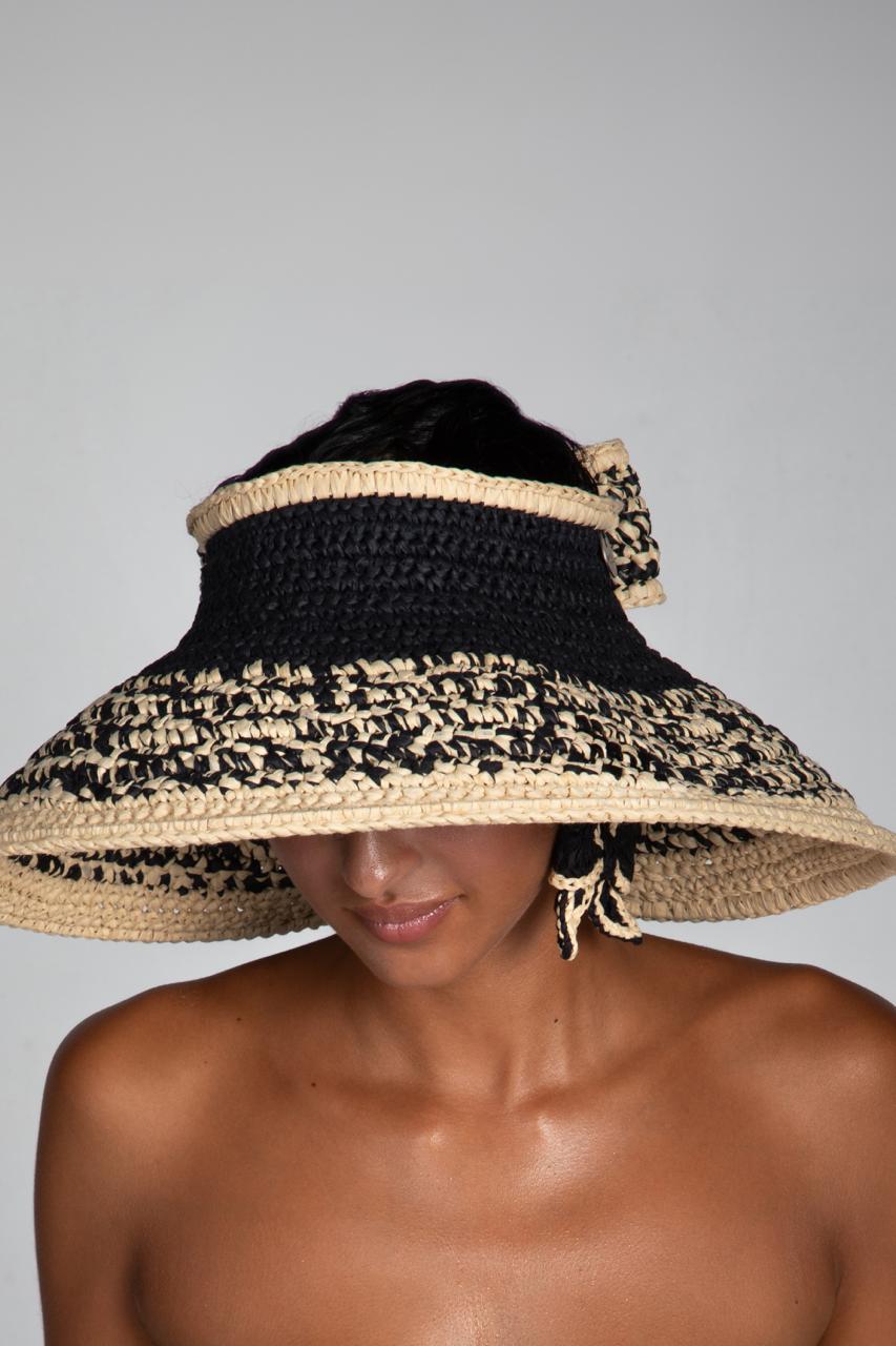 Bow II, Women's Handmade Black & Cream Crochet Raffia Wide-Brim Sun Hat with Oversized Back Bow