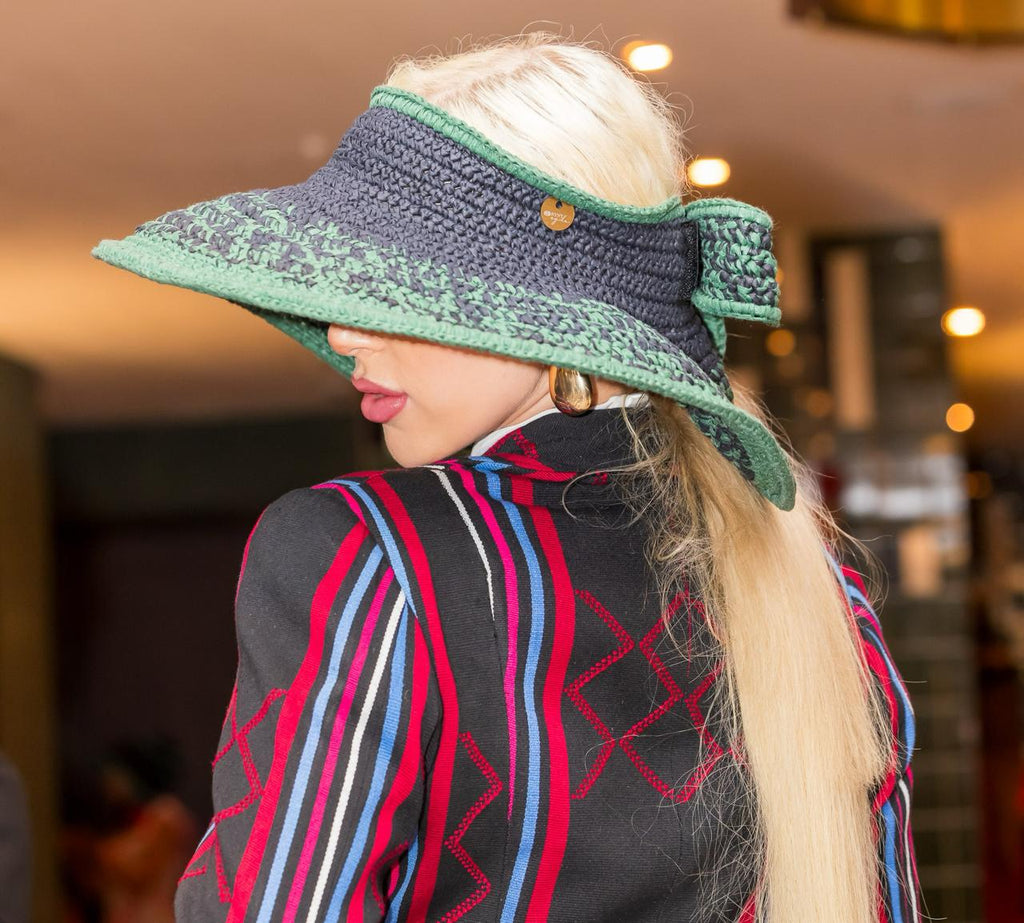 Bow II, Women's Handmade Black & Green Crochet Raffia Wide-Brim Sun Hat with Oversized Back Bow