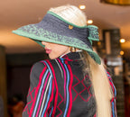 Bow II, Women's Handmade Black & Green Crochet Raffia Wide-Brim Sun Hat with Oversized Back Bow