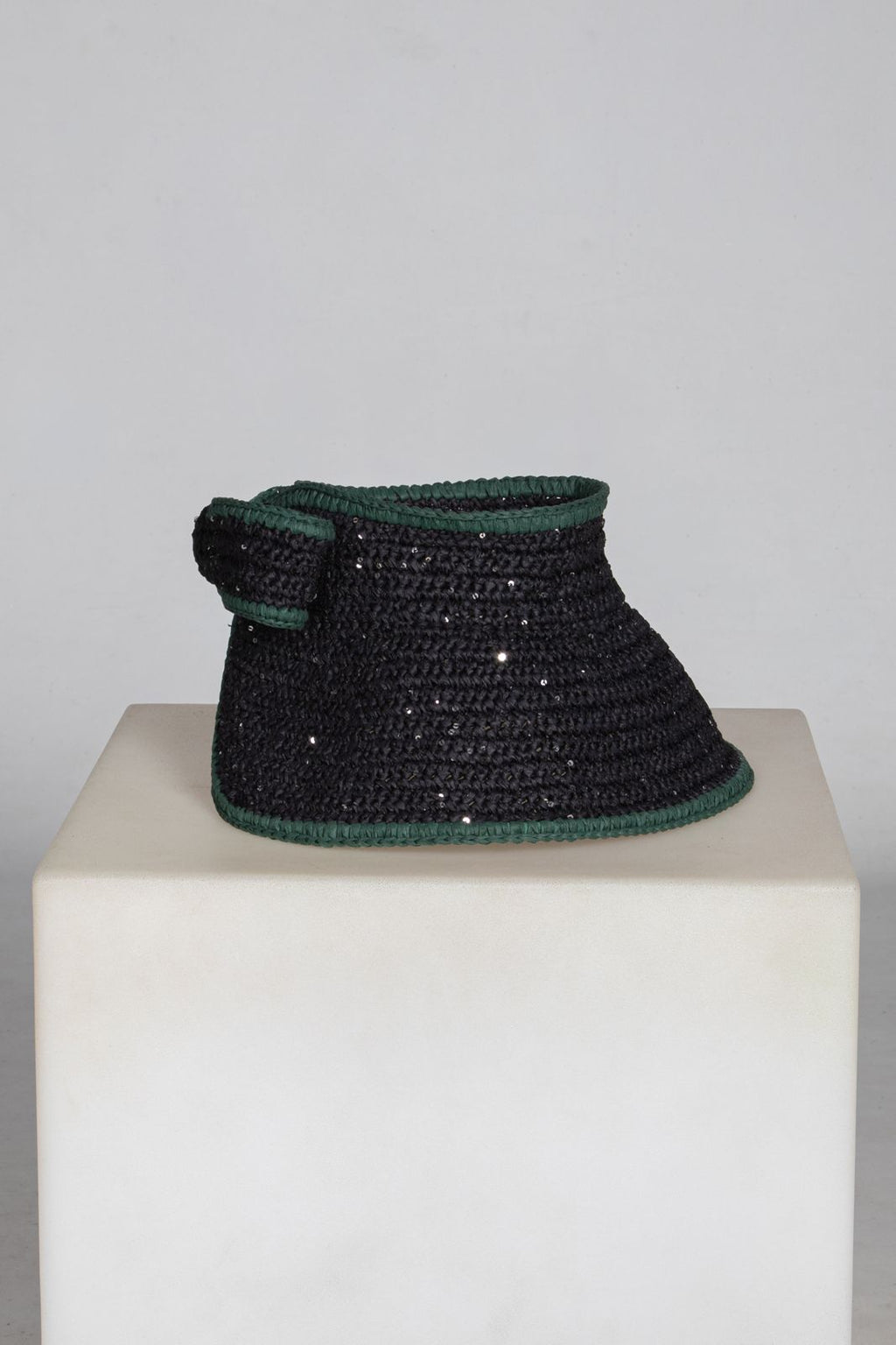 Bow, Women's Handmade Black & Green Crochet Raffia Sun Hat with Oversized Back Bow