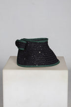Bow, Women's Handmade Black & Green Crochet Raffia Sun Hat with Oversized Back Bow