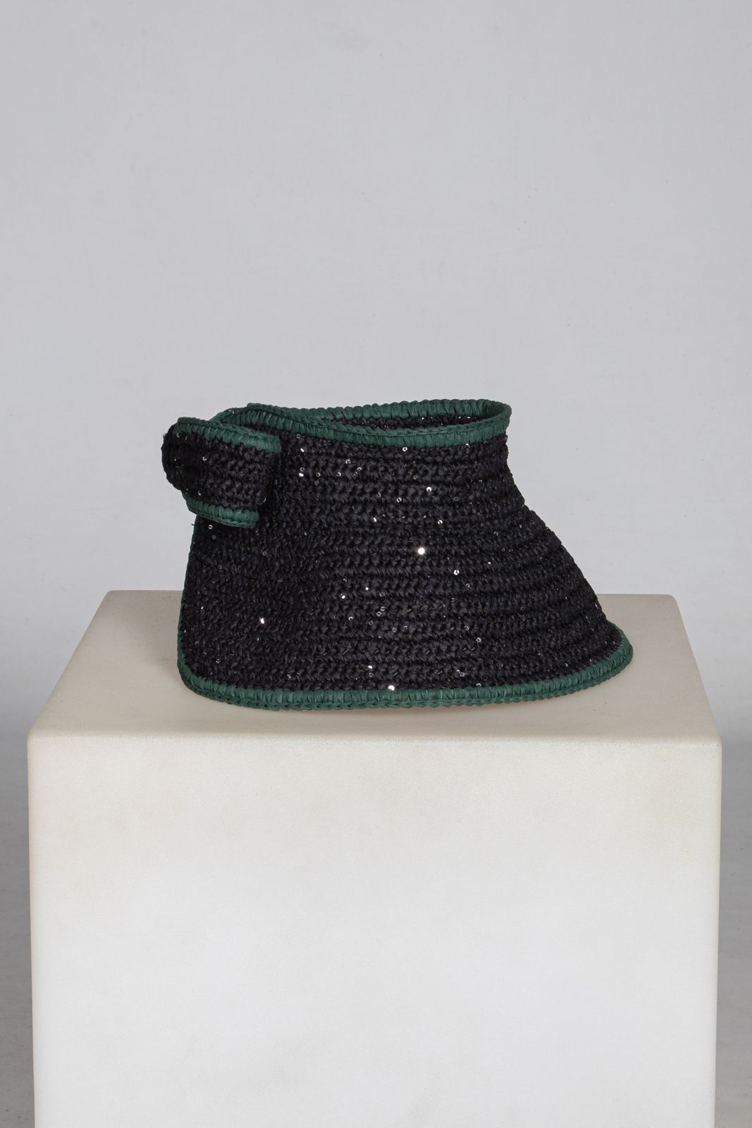 Bow, Women's Handmade Black & Green Crochet Raffia Sun Hat with Oversized Back Bow