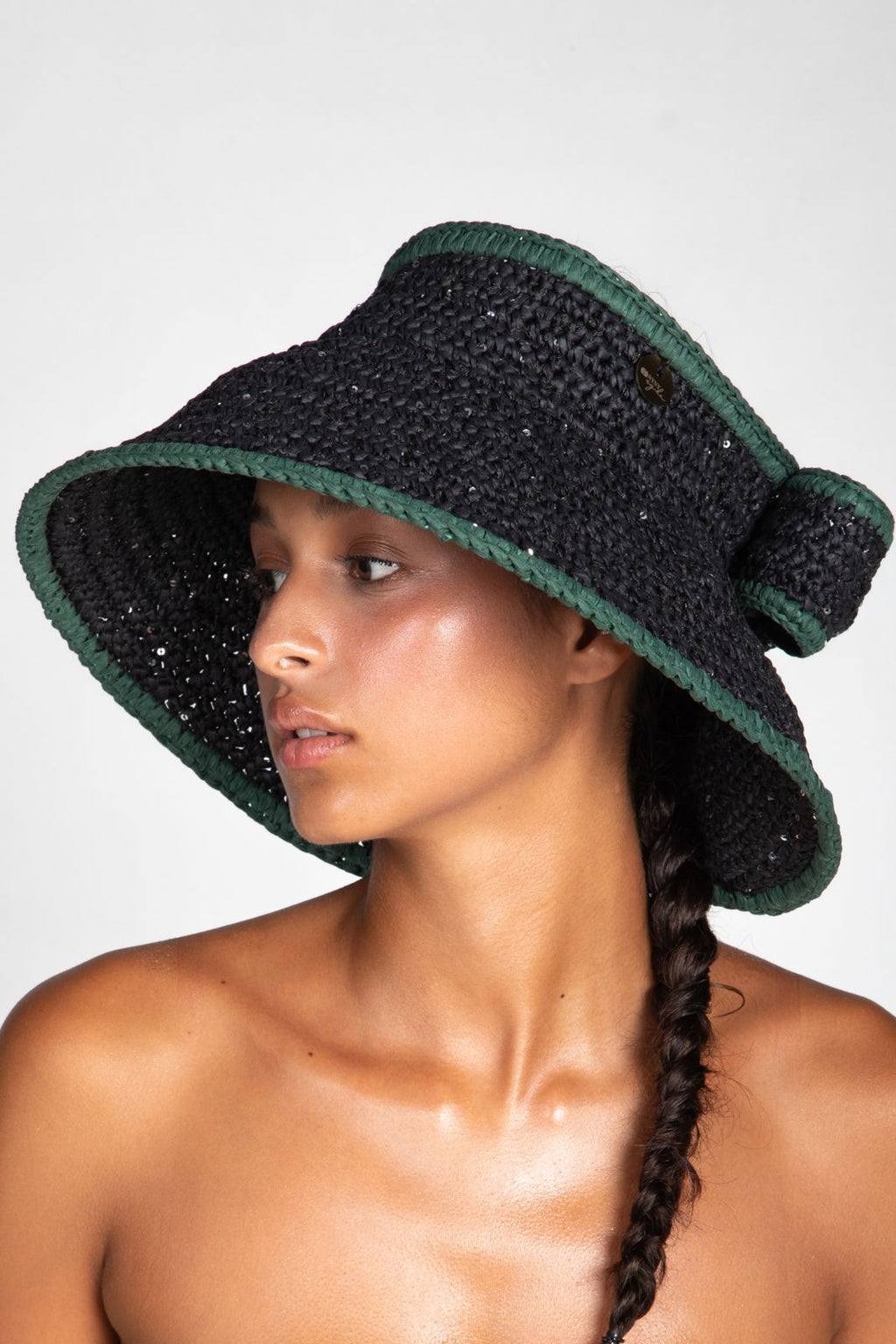 Bow, Women's Handmade Black & Green Crochet Raffia Sun Hat with Oversized Back Bow