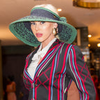 Bow II, Women's Handmade Black & Green Crochet Raffia Wide-Brim Sun Hat with Oversized Back Bow