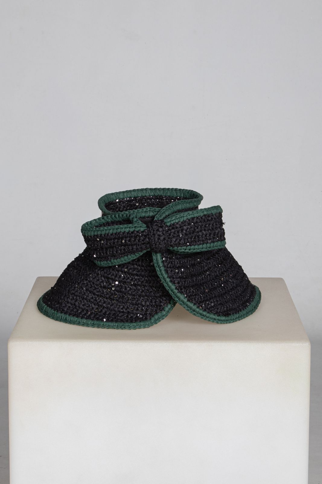 Bow, Women's Handmade Black & Green Crochet Raffia Sun Hat with Oversized Back Bow