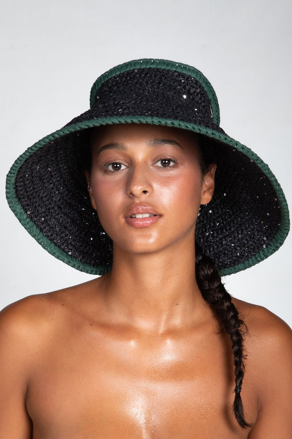 Bow, Women's Handmade Black & Green Crochet Raffia Sun Hat with Oversized Back Bow