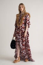 Cotonou, Handcrafted Fluid Batik Cotton Maxi Dress with Raffia Collar