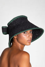 Bow, Women's Handmade Black & Green Crochet Raffia Sun Hat with Oversized Back Bow