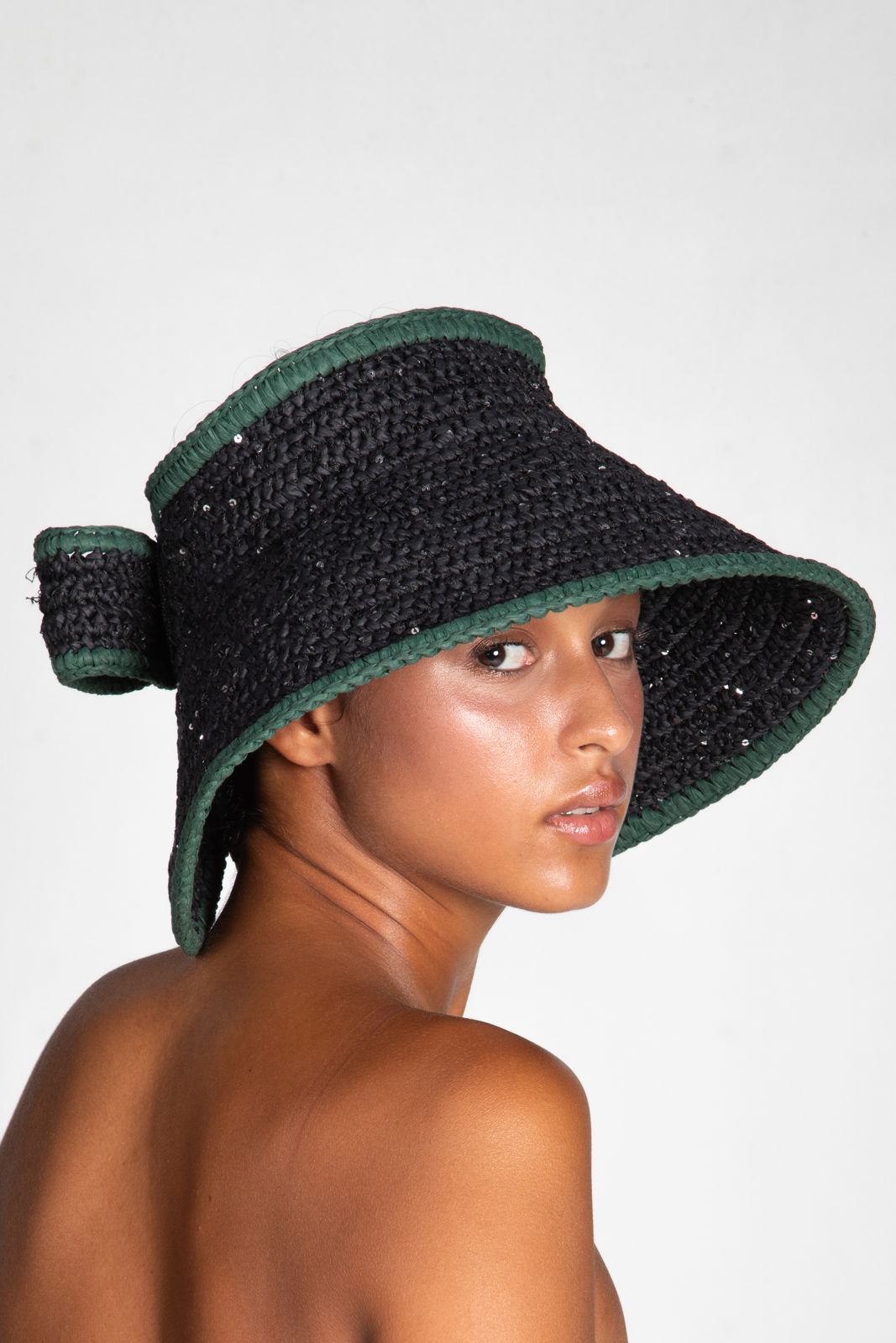 Bow, Women's Handmade Black & Green Crochet Raffia Sun Hat with Oversized Back Bow