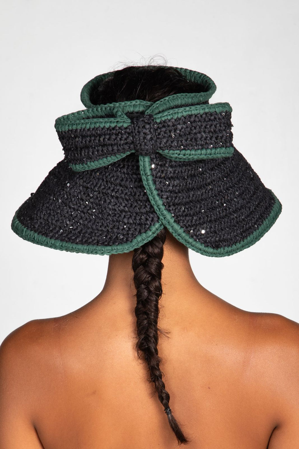 Bow, Women's Handmade Black & Green Crochet Raffia Sun Hat with Oversized Back Bow