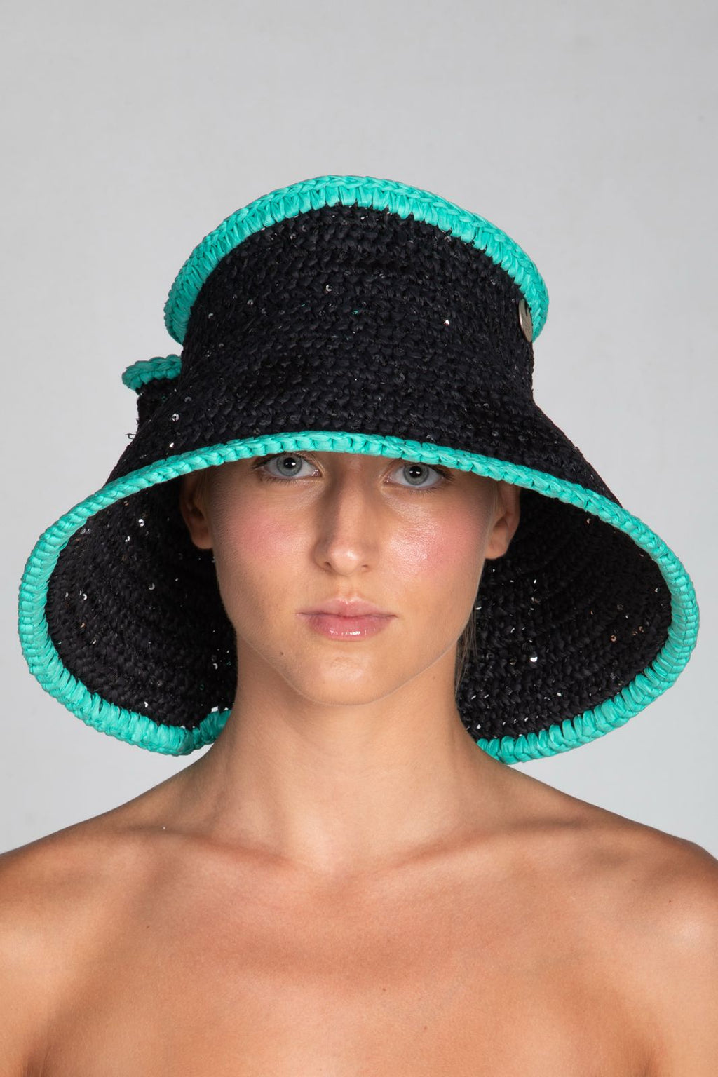 Bow, Women's Handmade Black & Turquoise Crochet Raffia Sun Hat with Oversized Back Bow