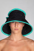 Bow, Women's Handmade Black & Turquoise Crochet Raffia Sun Hat with Oversized Back Bow