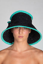 Bow, Women's Handmade Black & Turquoise Crochet Raffia Sun Hat with Oversized Back Bow